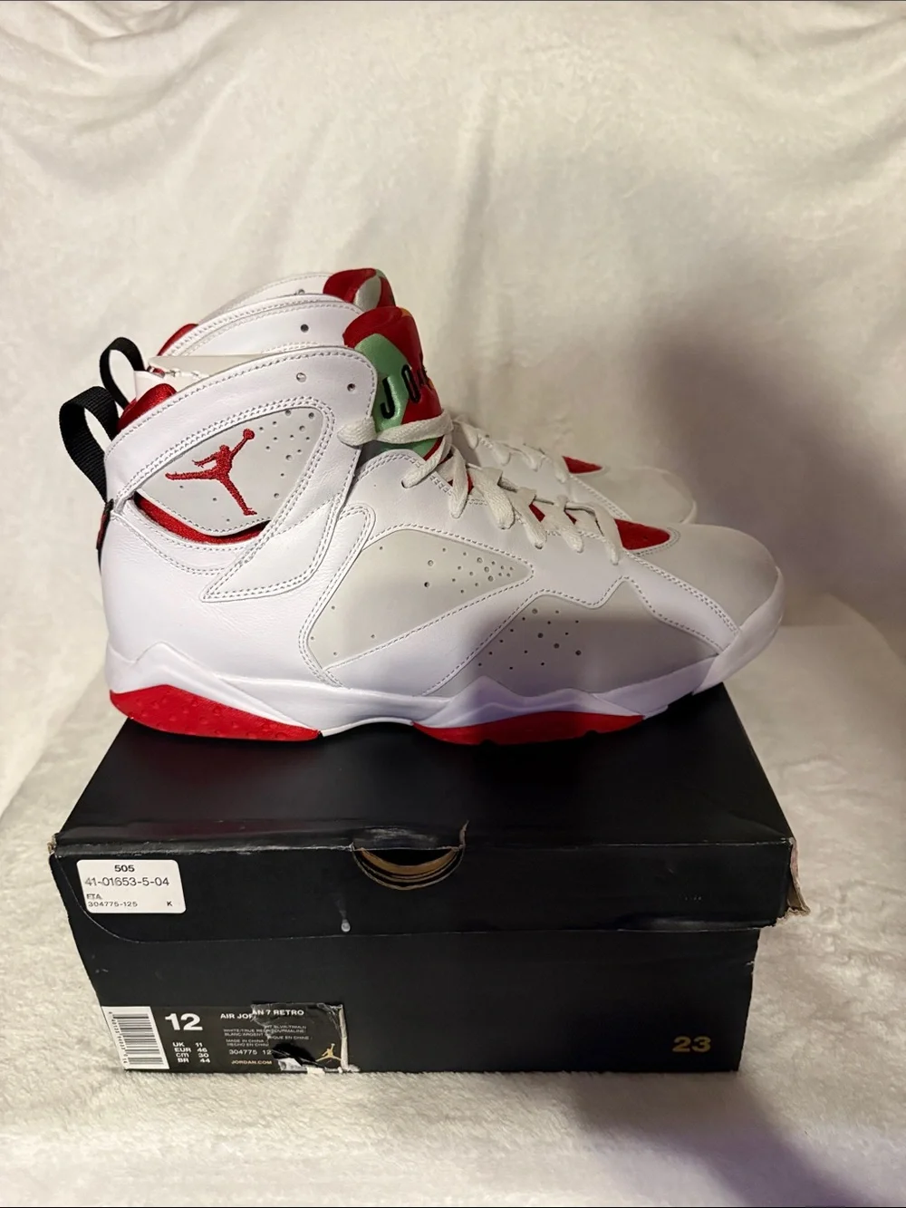 2015 Jordan 7 Retro White Sneakers with Red, Green & Orange Accents
